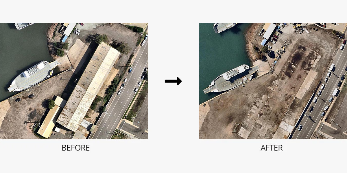 A before and after picture of a boat in a harbor.