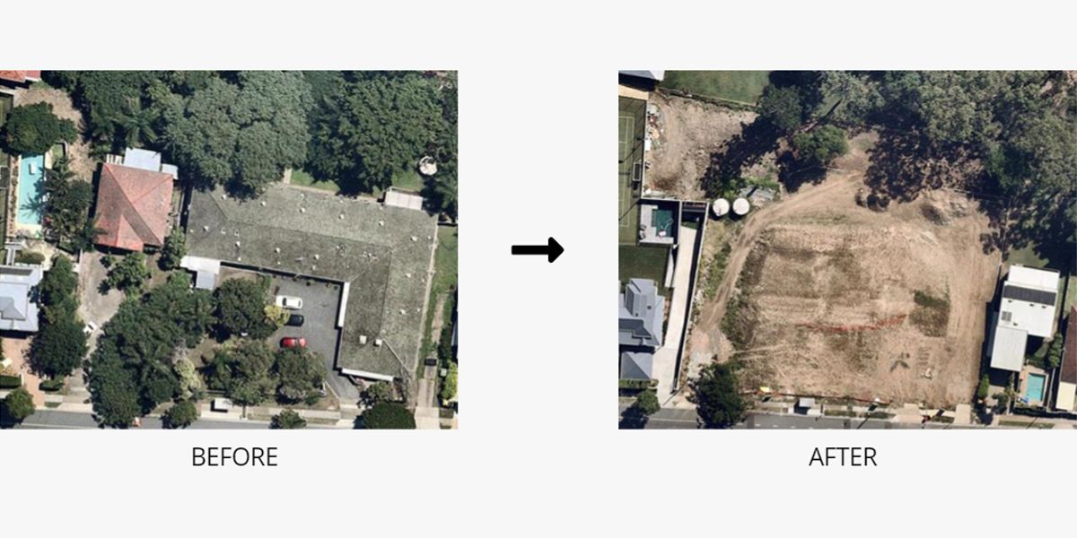 An aerial view of a house before and after being built