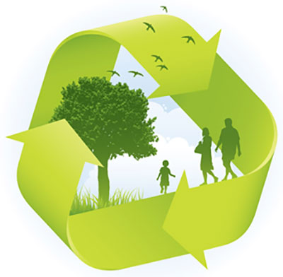 A green recycling symbol with a tree and people in it