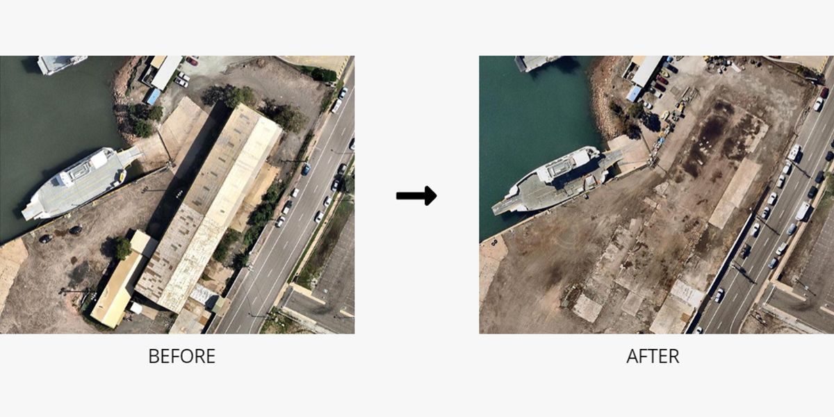 A before and after picture of a boat in a harbor.