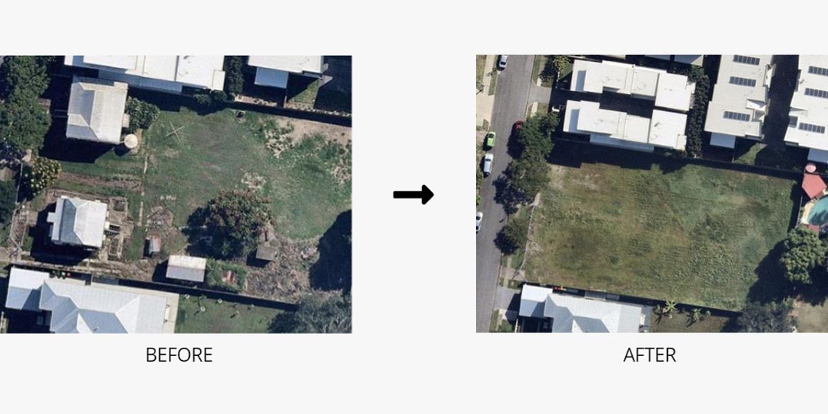 An aerial view of a house before and after being built