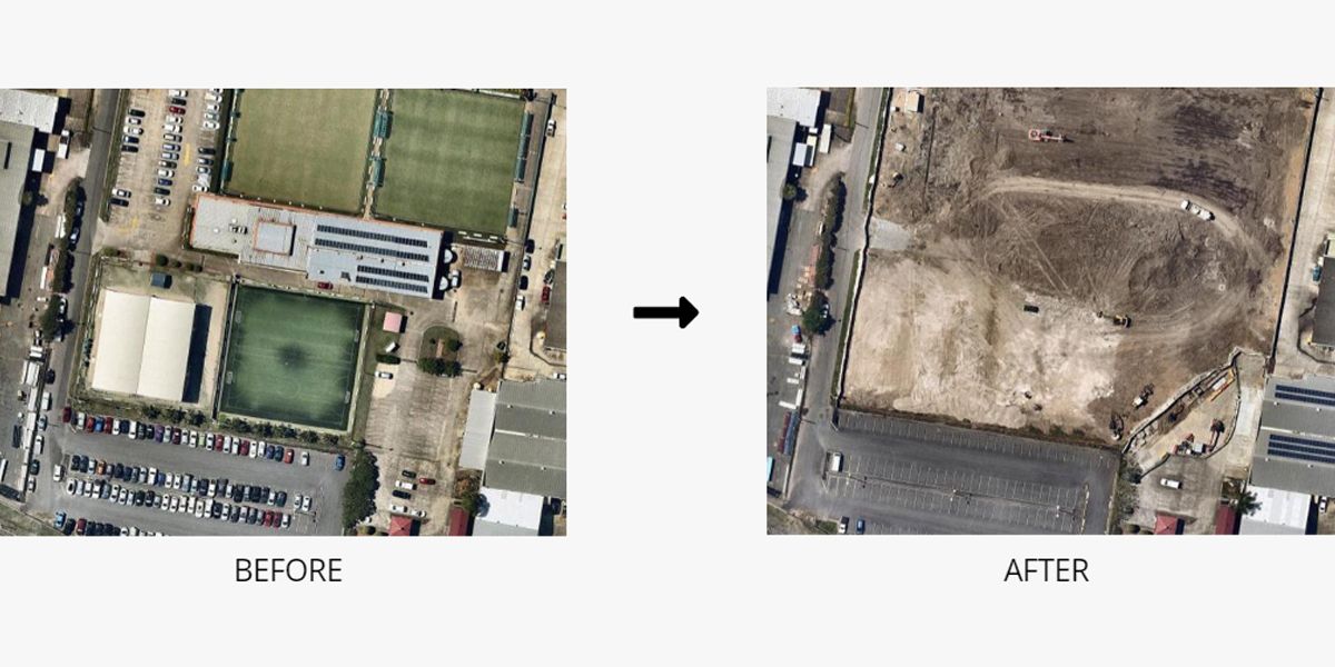 An aerial view of a field before and after being built.