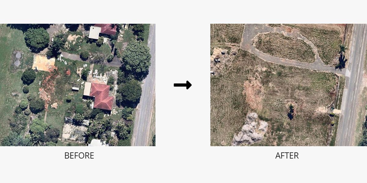 There is a before and after picture of a house.