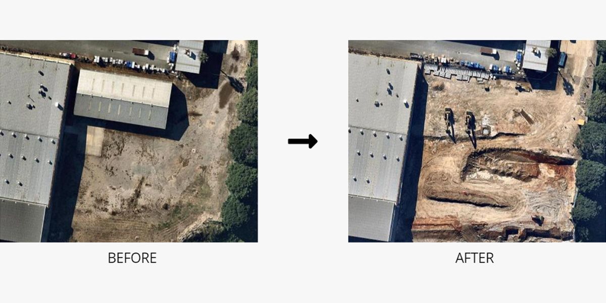 An aerial view of a building before and after construction