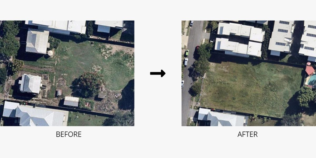 An aerial view of a house before and after being built.