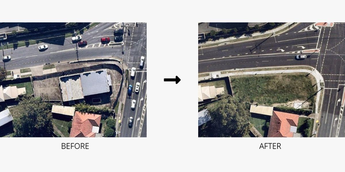 A before and after picture of a street intersection