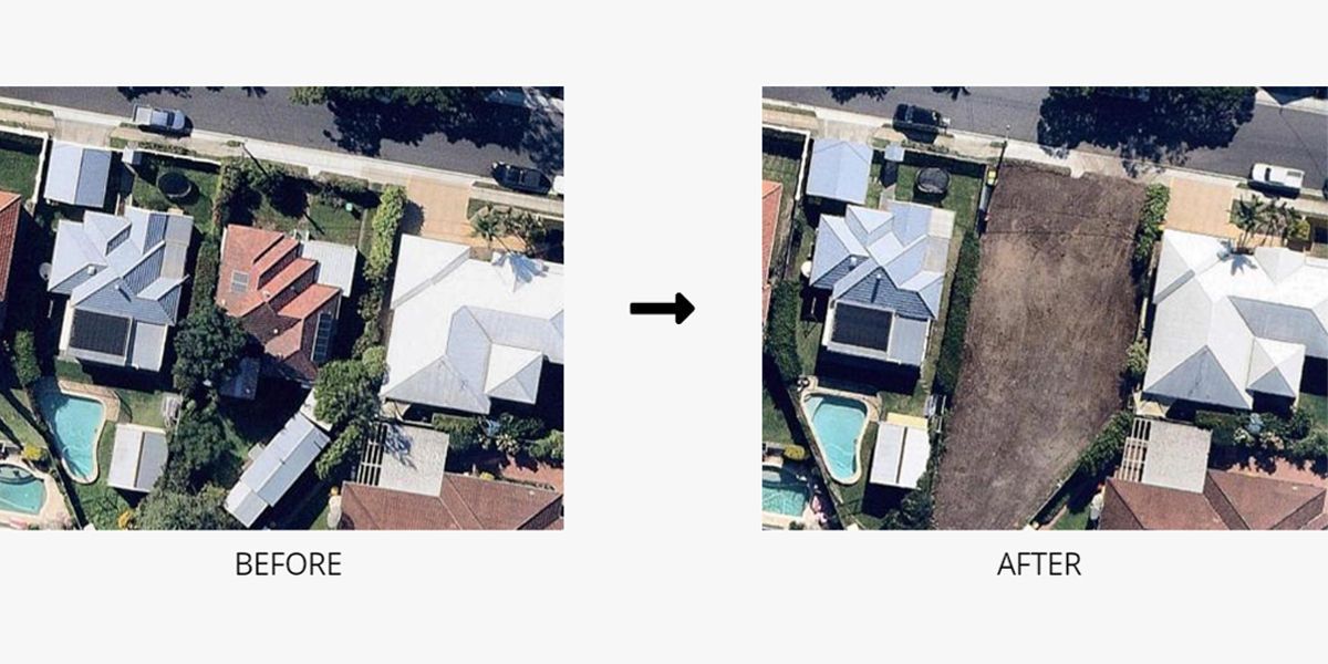 An aerial view of a house before and after being built