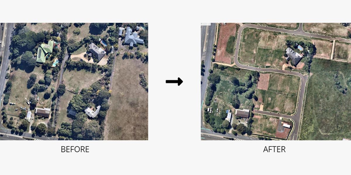 A before and after picture of a residential area.