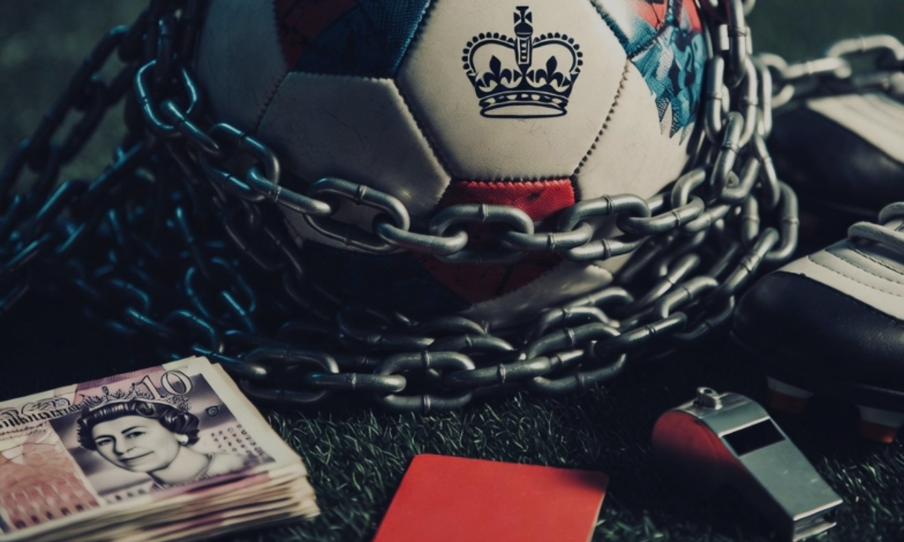 Chained football with HMRC logo, money and whistle representing fraud victims and tax enforcement.