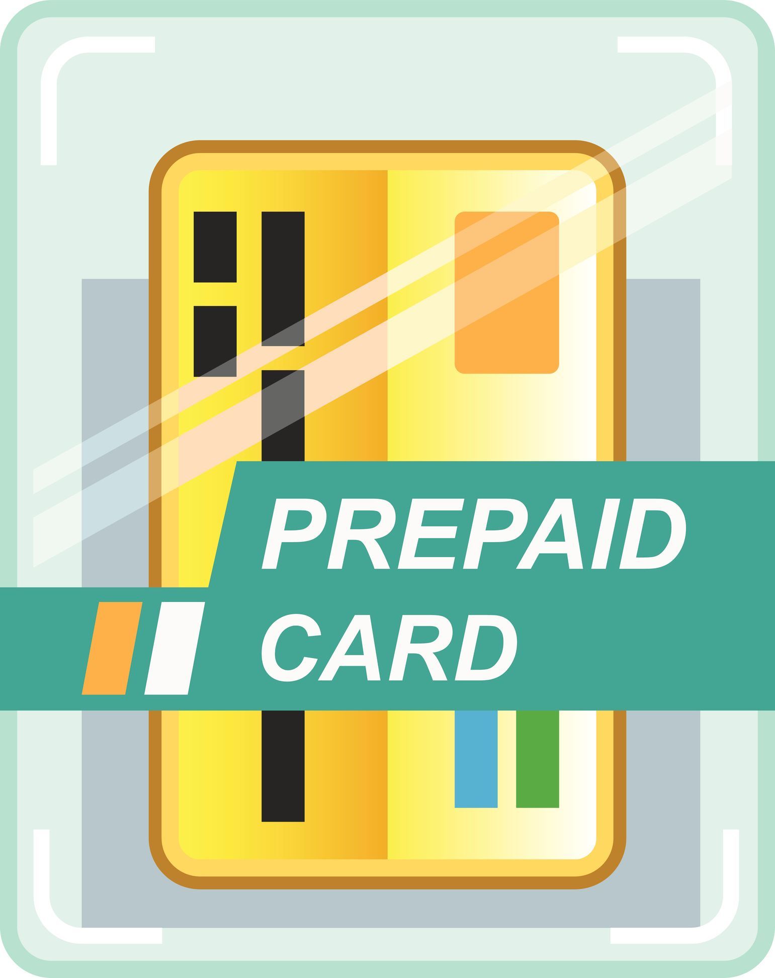 Carta prepagata color oro con dettagli verdi e arancioni, striscione verde acqua con la scritta