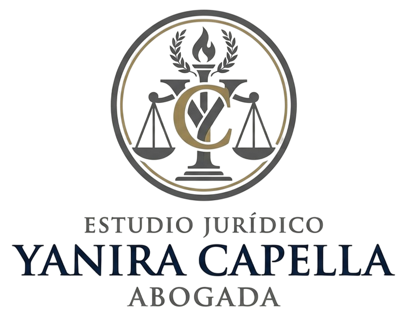 Logo de estudio jurídico con balanza y laurel; texto “Yanira Capella Abogada” en gris y azul
