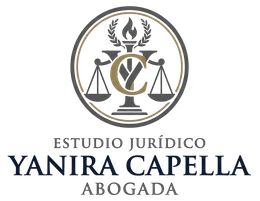 Logo de estudio jurídico con balanza y laurel; texto “Yanira Capella Abogada” en gris y azul