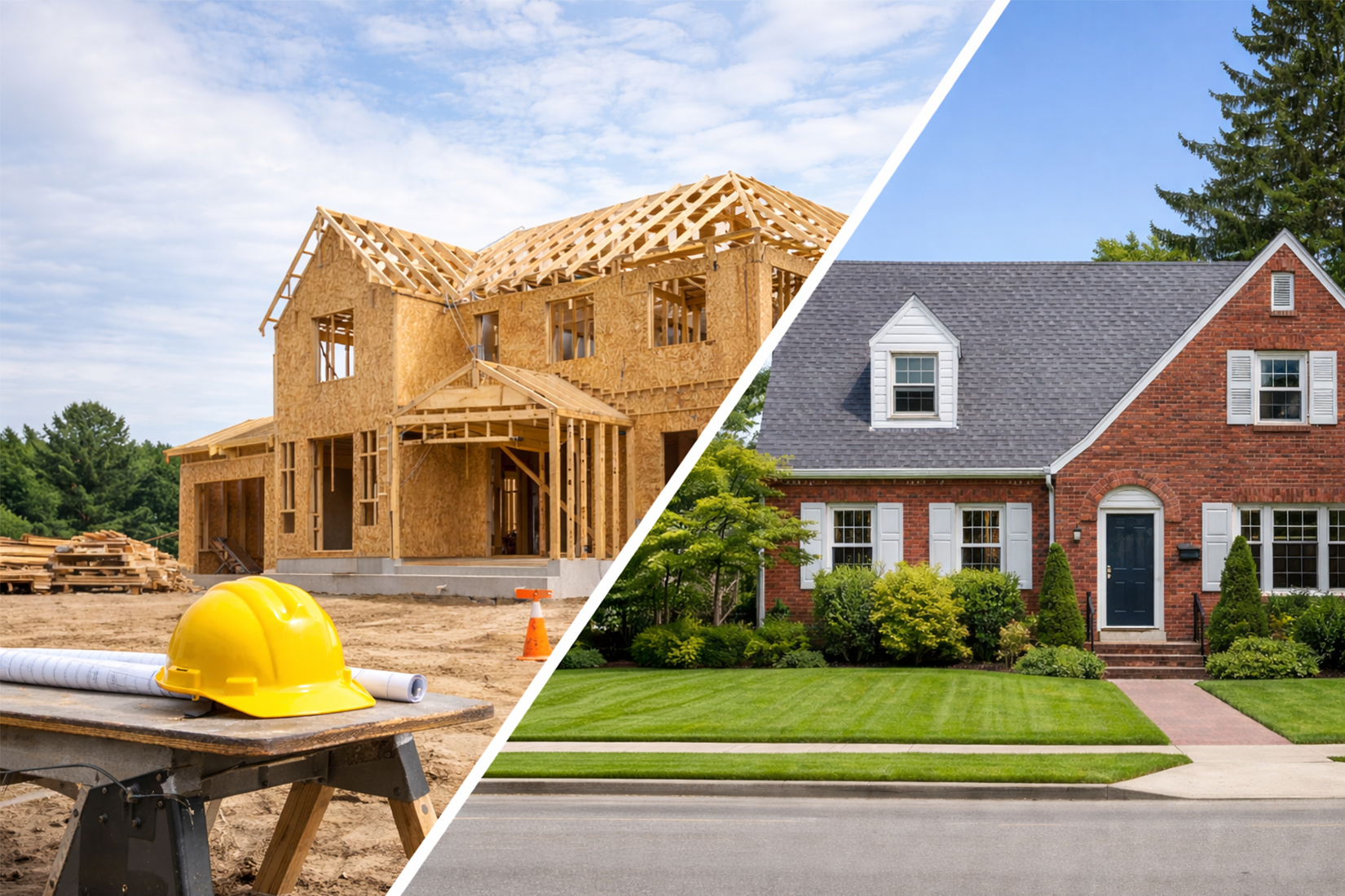Side by side comparison of home under construction and completed home in North Carolina