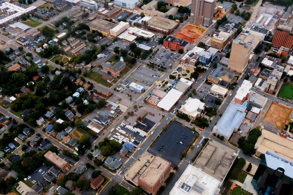An aerial view of a city with lots of buildings