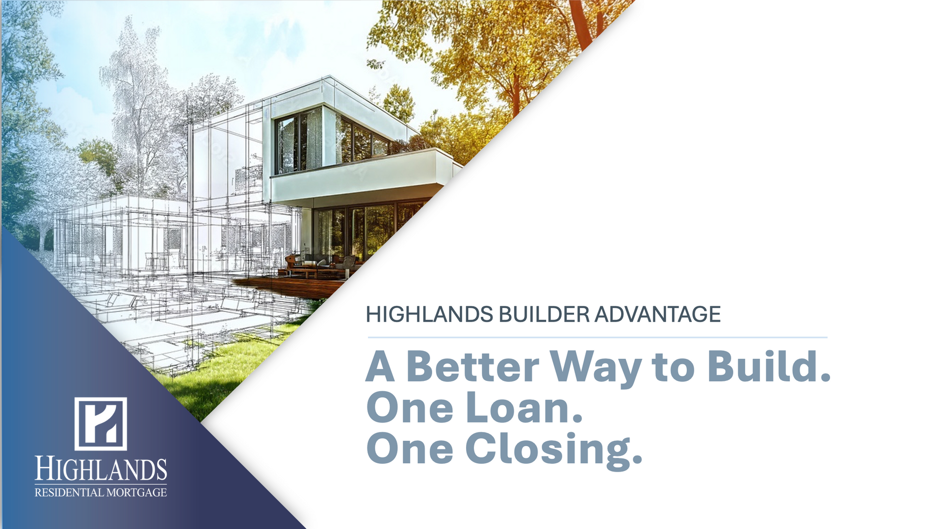 Modern home rendering with Highlands branding and text: “A Better Way to Build. One Loan. One Closing.”