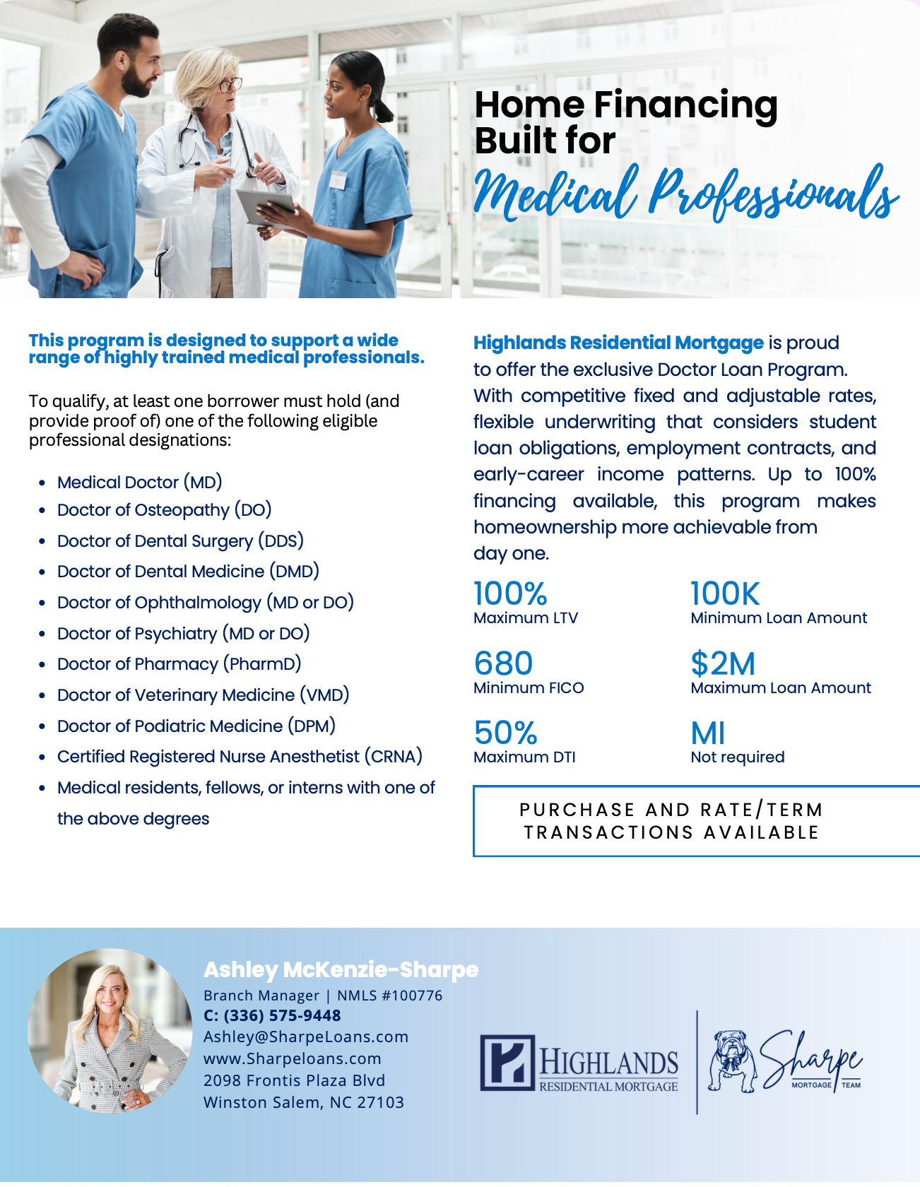 Home financing flyer for medical professionals with doctors in a clinic and blue-white promotional text.