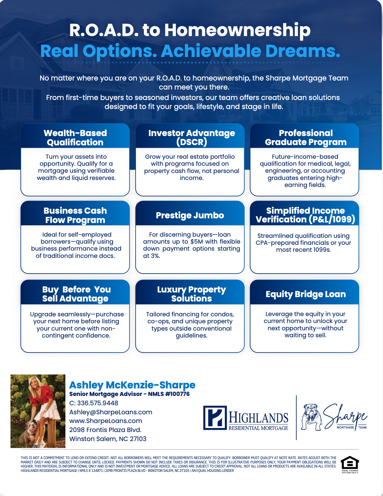 Blue flyer titled “R.O.A.D. to Homeownership” with nine home loan program boxes and lender contact details