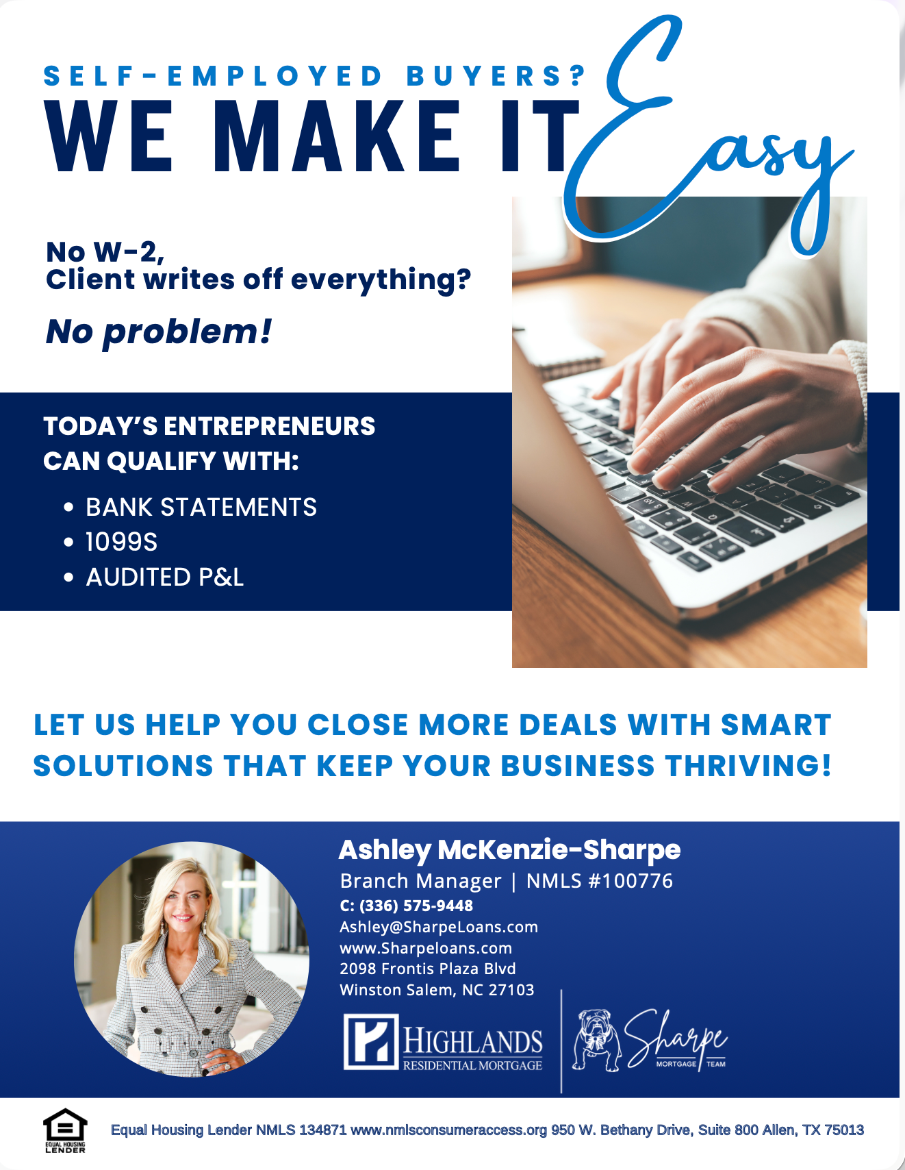 Self-employed buyers flyer with laptop, blue-and-white design, and text about qualifying