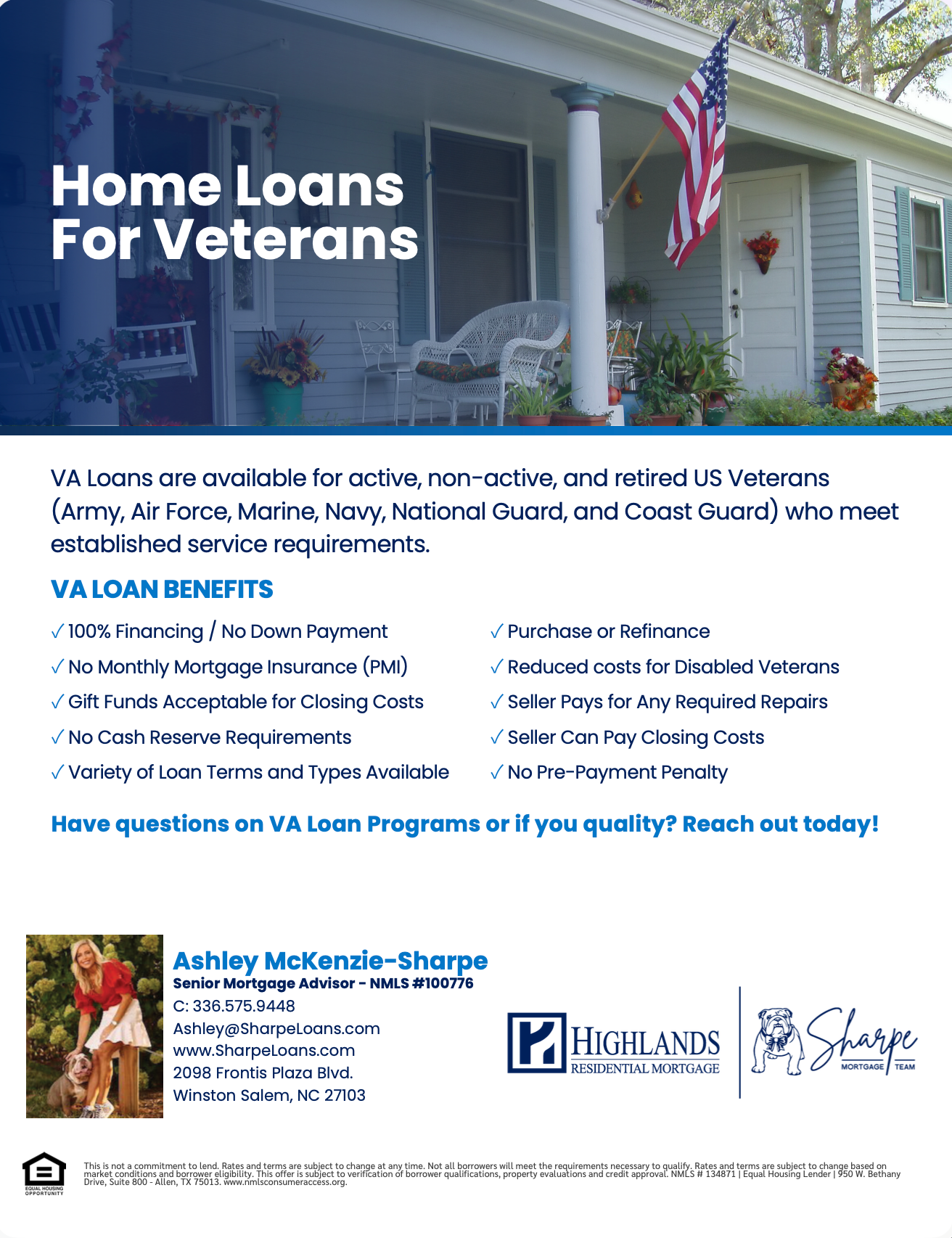 Home loans for veterans flyer with house, American flag, and contact information