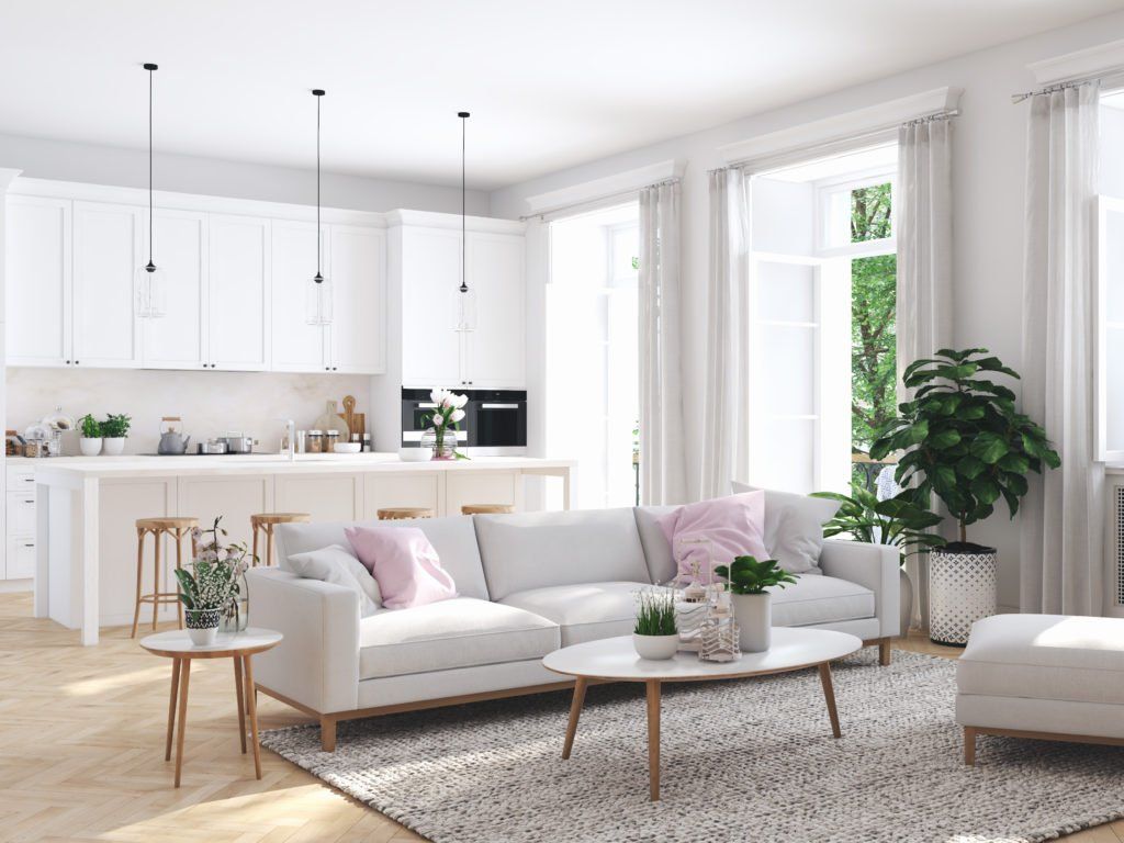 A living room with a white couch and a white rug.