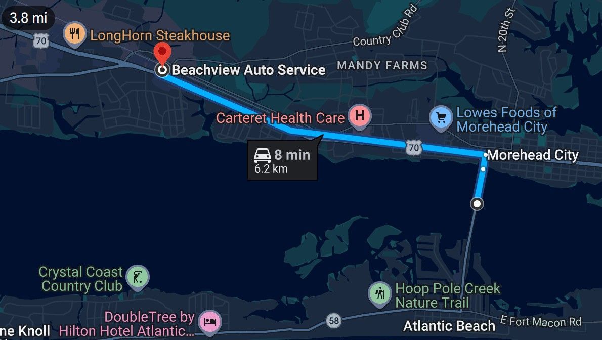 Map showing short distance of 3.8 miles from Beachview Auto Service to the Atlantic Beach, NC bridge
