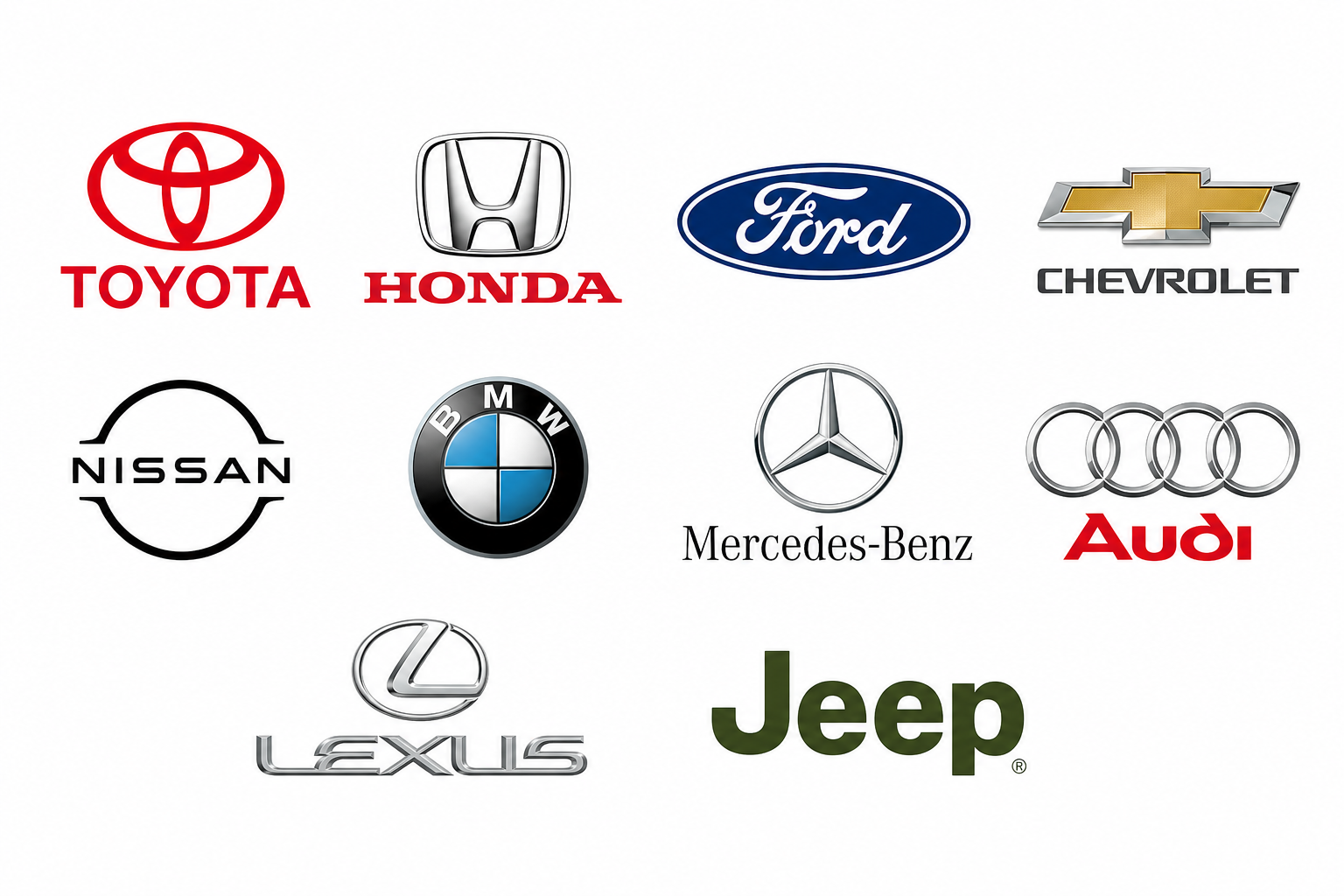 Logos of the top vehicles serviced at Beachview Auto Service