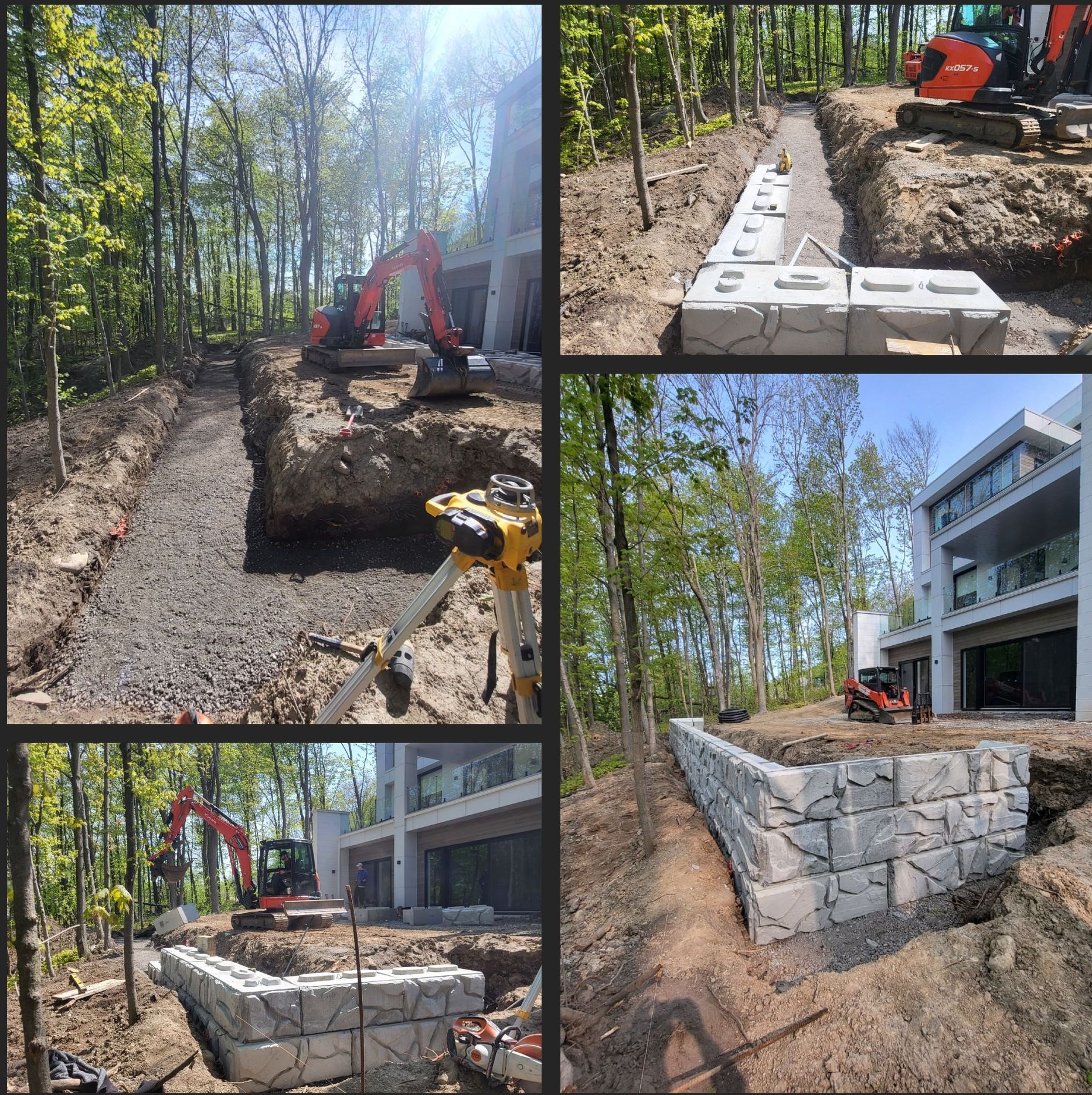 Un collage d'images montrant une maison en construction dans les bois