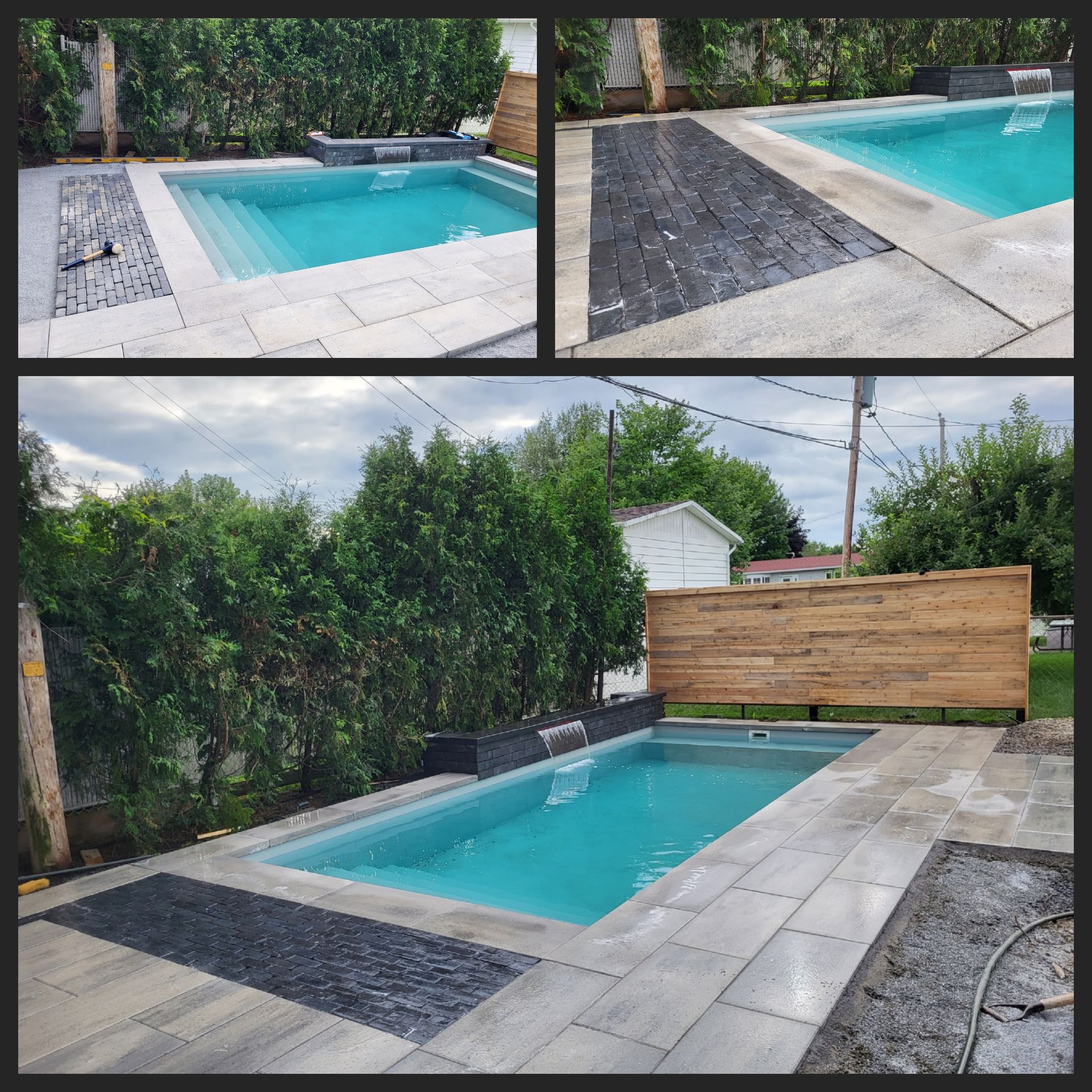 Un collage de photos d'une piscine dans une cour arrière