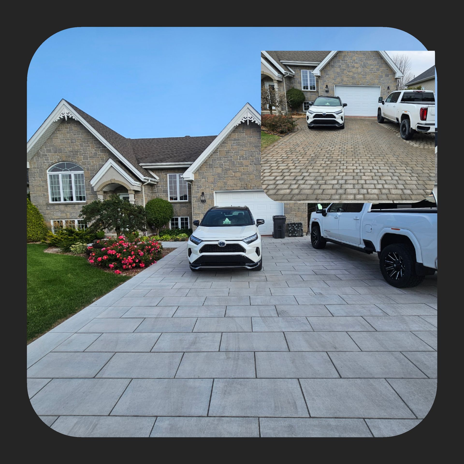 Une voiture blanche est garée devant une grande maison