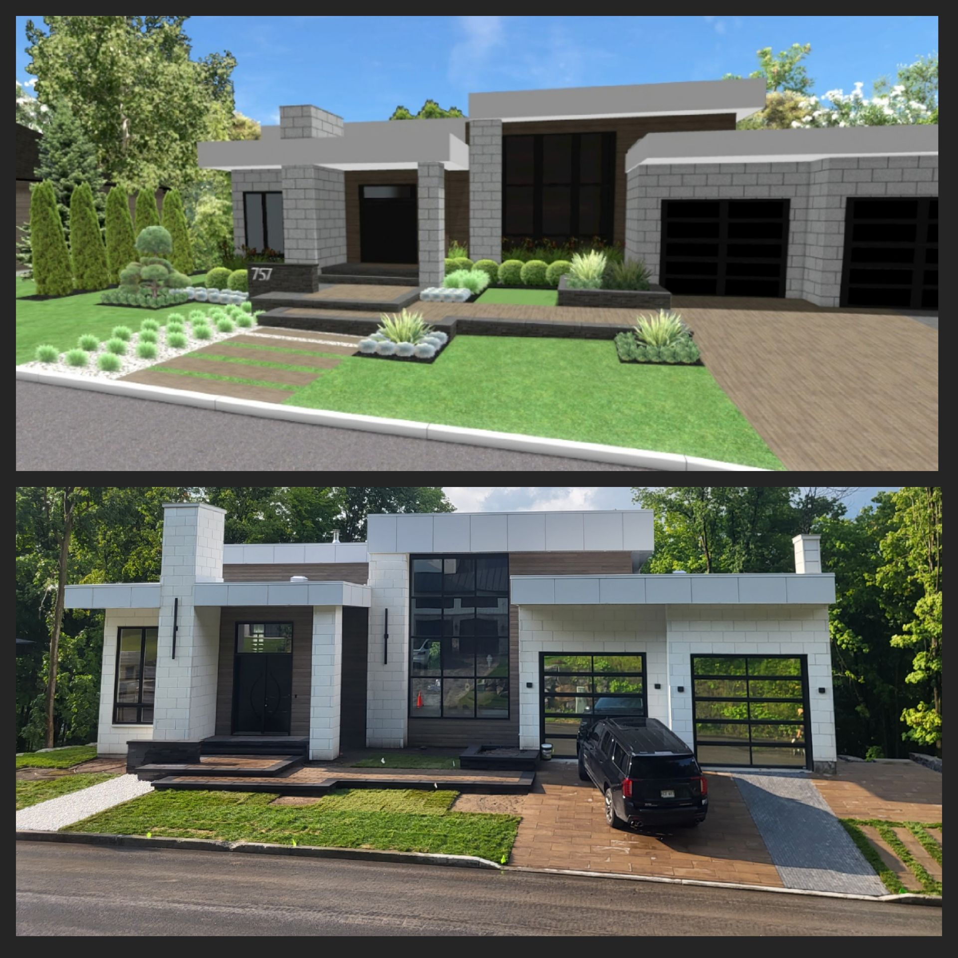 Une photo d'une maison avec une voiture garée devant