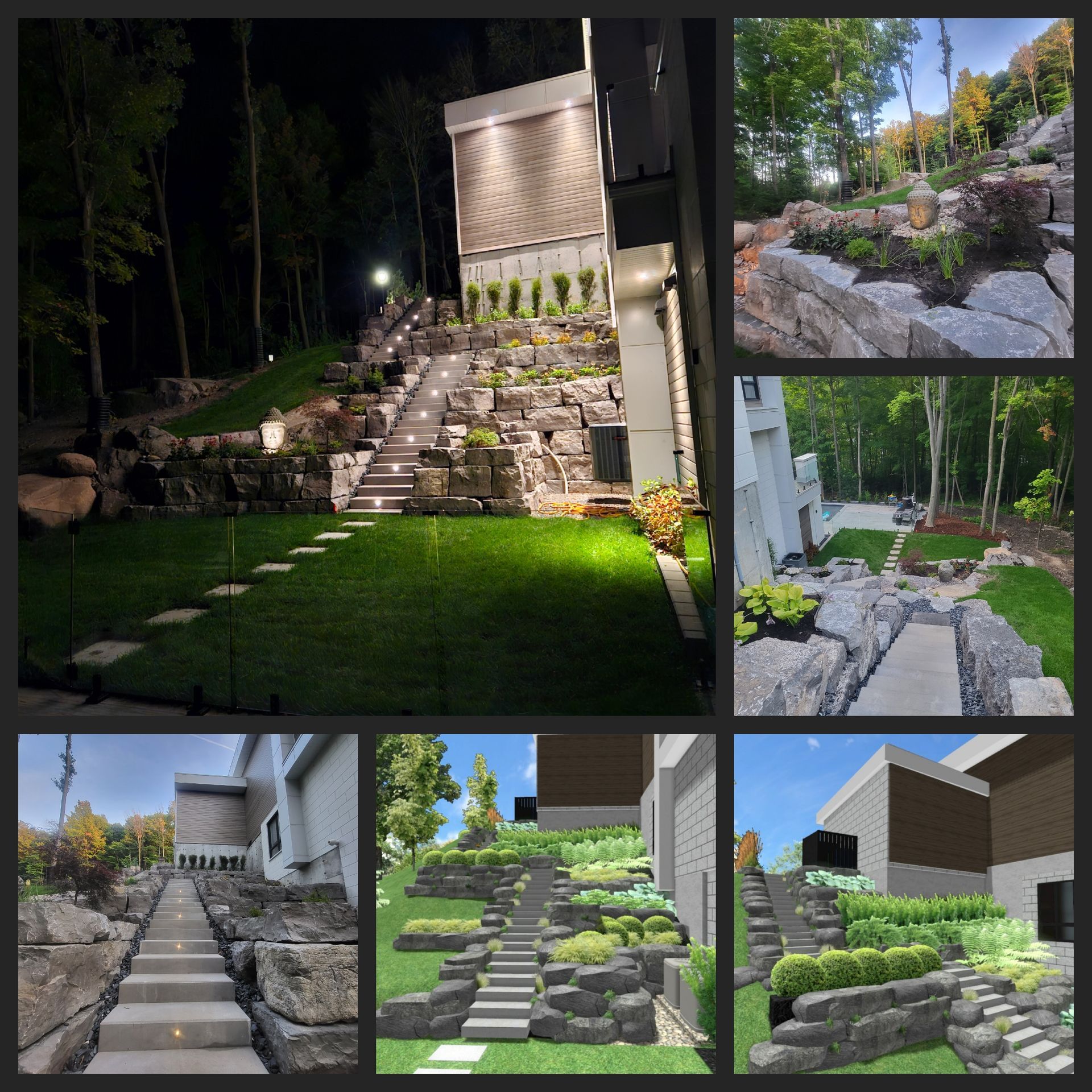 Un collage de photos d'un paysage avec une maison en arrière-plan