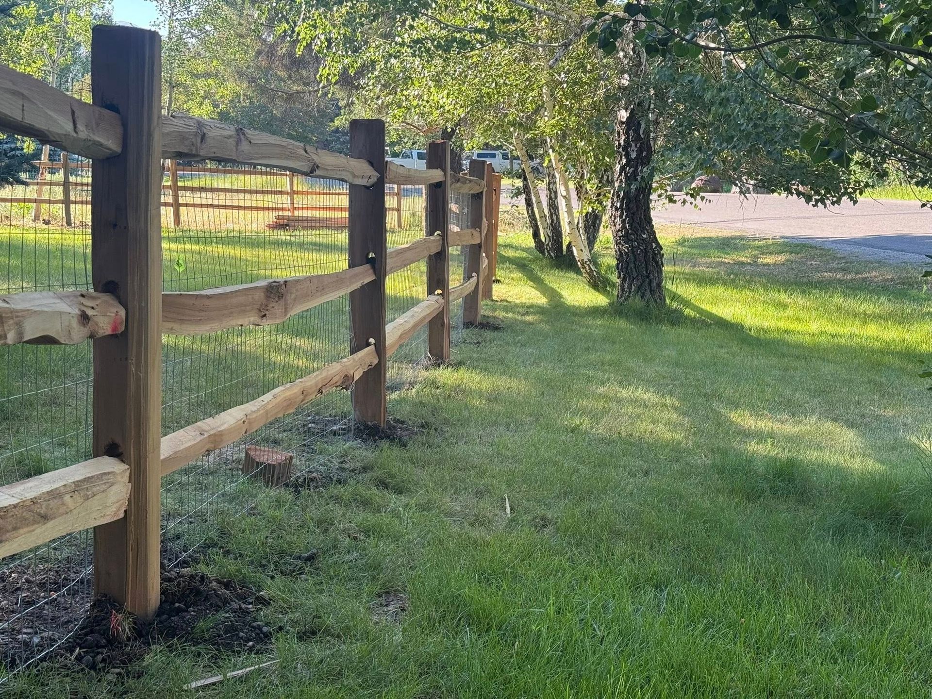Wooden split-rail fence in a grassy yard, with trees in the background.