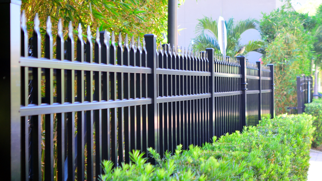 Black metal fence with pointed tops, separating a green hedge from a sidewalk, in an outdoor setting.