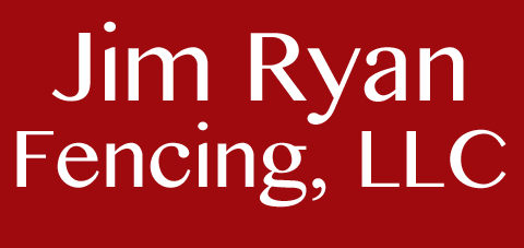 Logo for Jim Ryan Fencing, LLC, white text on a red background.