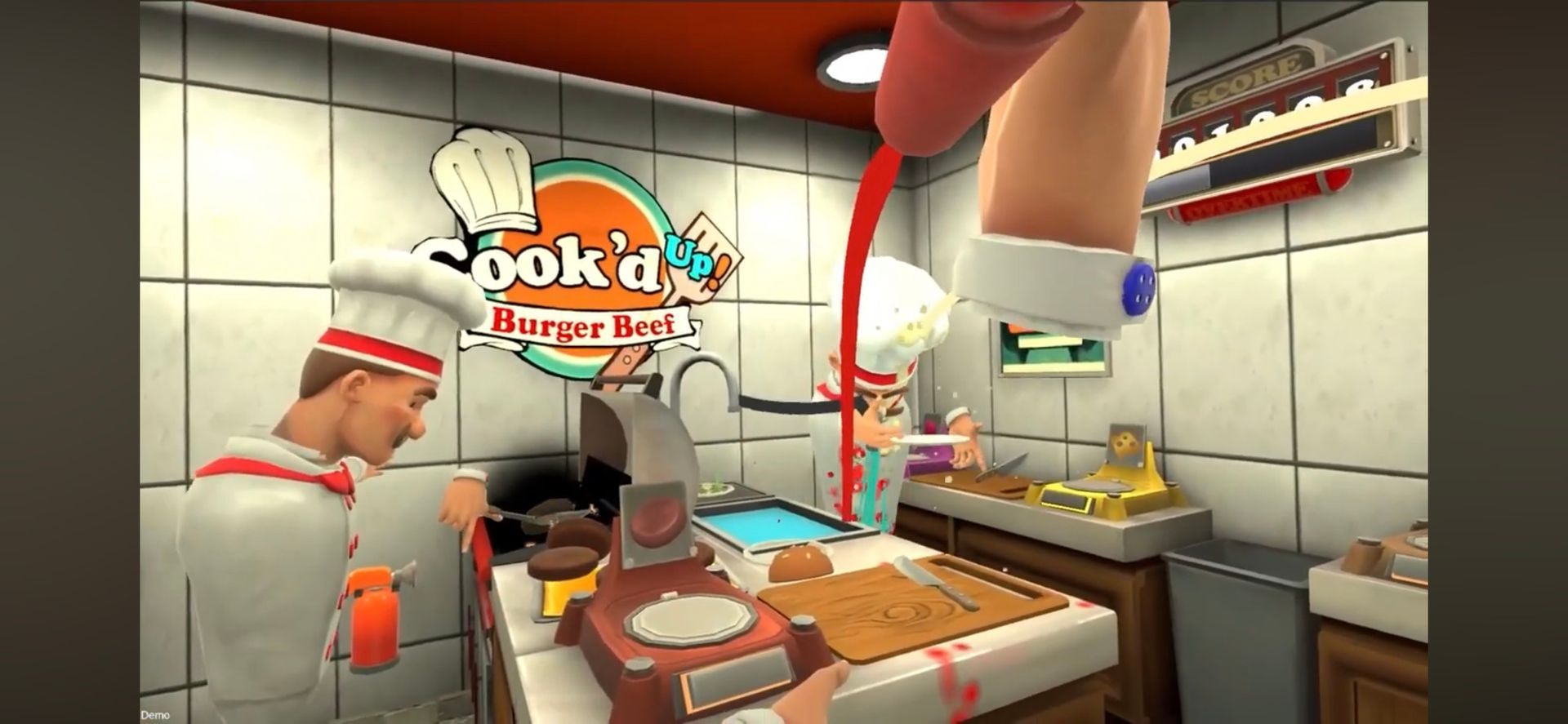 A man is cooking in a kitchen in a video game.