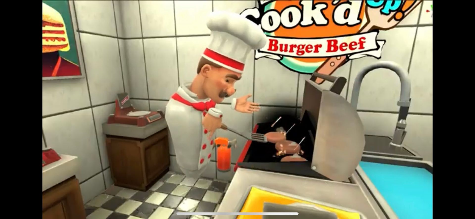 A chef is cooking a burger in a kitchen in a video game.