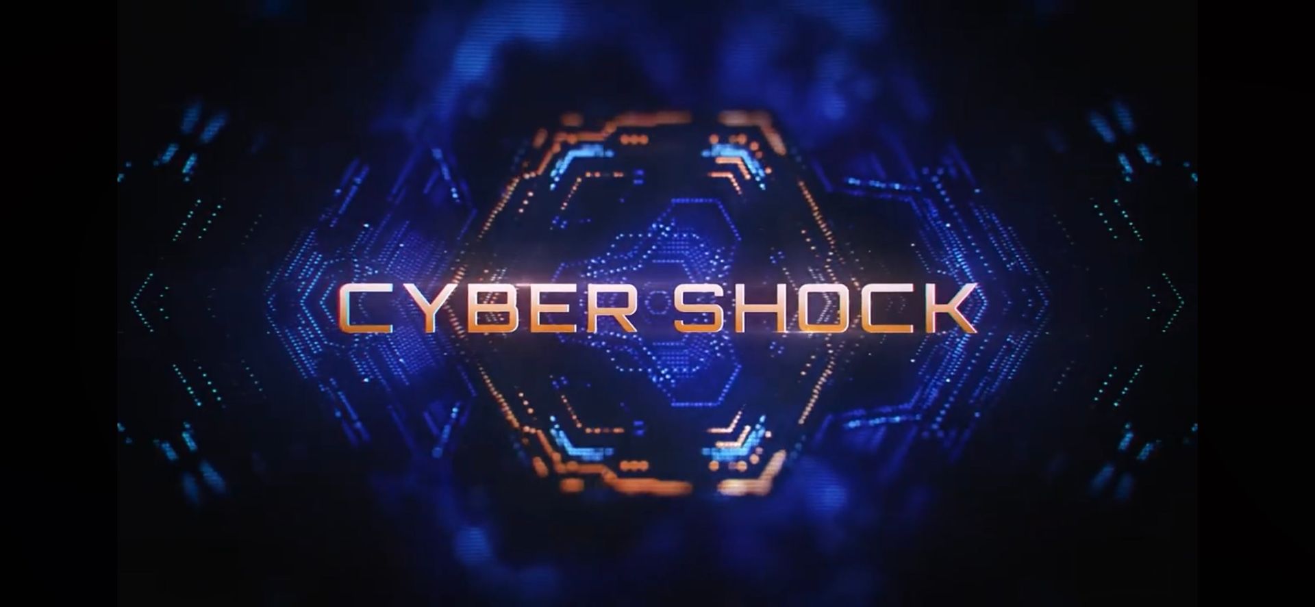 The word cyber shock is on a blue background.