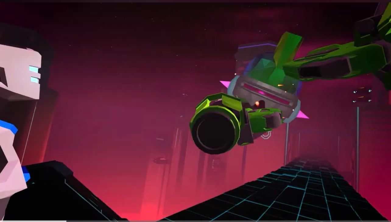 A green robot is flying through the air in a video game.