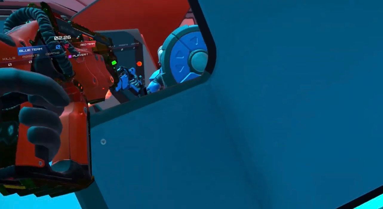 A person is looking out of a window at a robot in a video game.