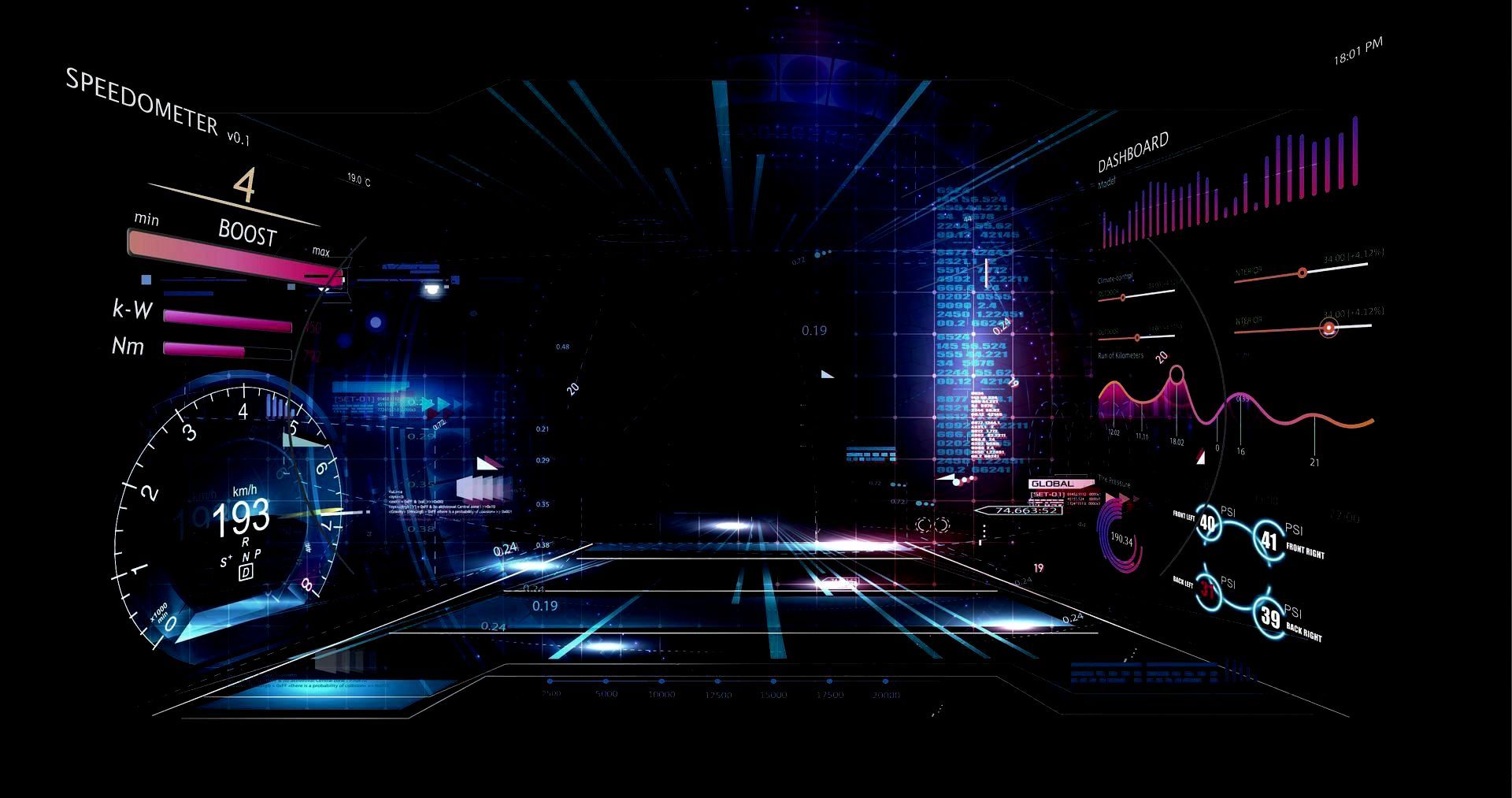 A computer generated image of a futuristic city with a speedometer and a dashboard.