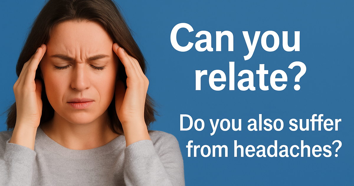 A woman is holding her head in pain with the words `` can you relate ? do you also suffer from headaches ? ''