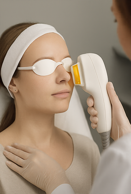 A woman is getting a laser treatment on her face.