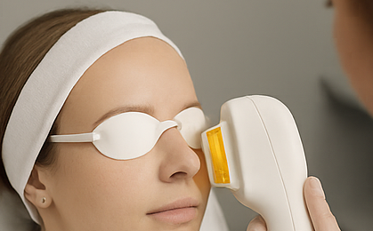 A woman is getting a laser treatment on her face.