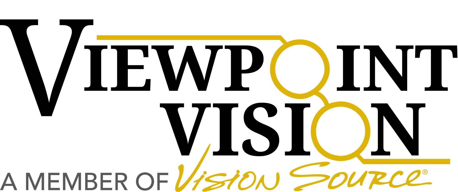 A logo for viewpoint vision that includes glasses in the logo.