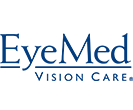 The logo for eyemed vision care is blue and white.