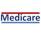 A red , white and blue logo for medicare.
