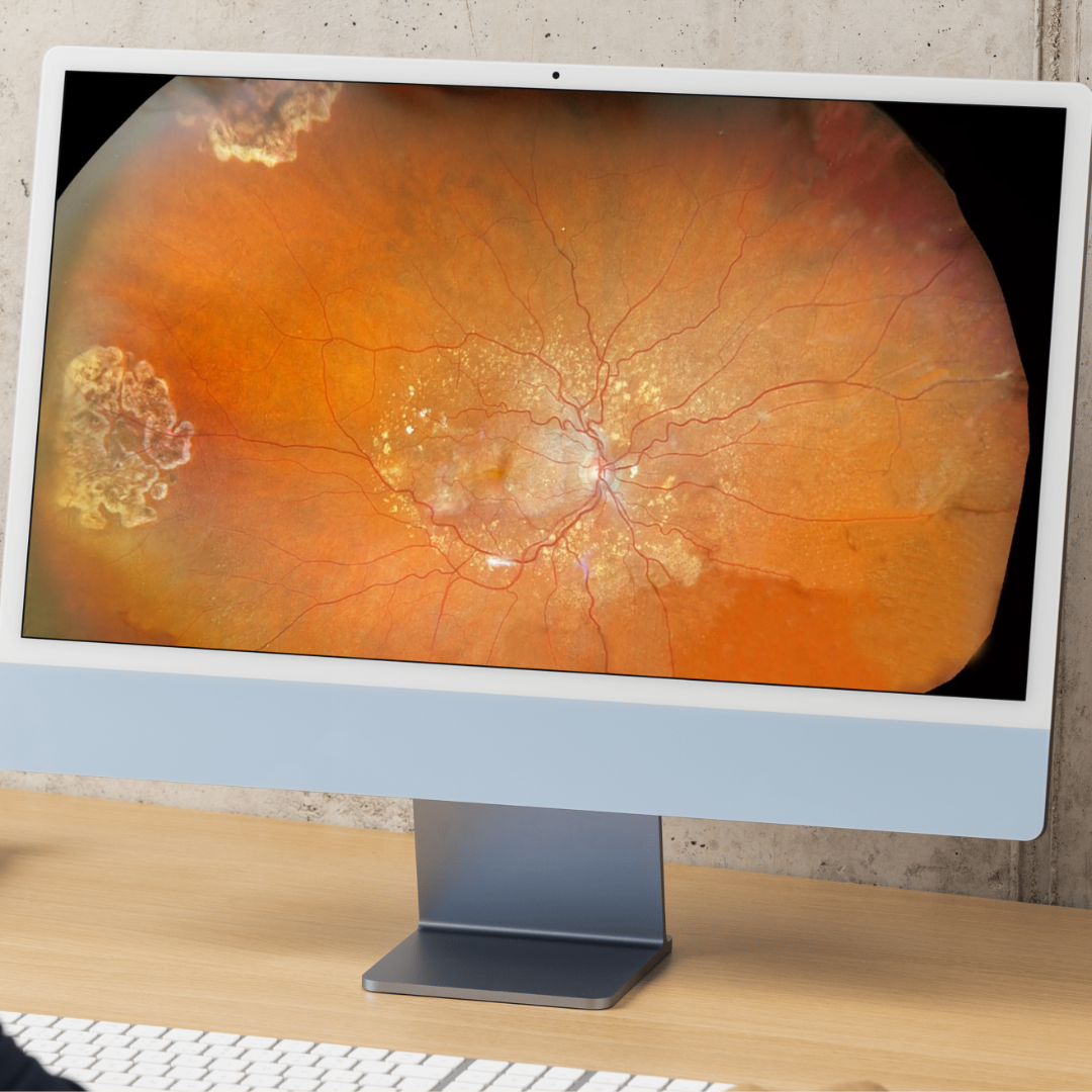 A computer monitor displays a picture of an eye