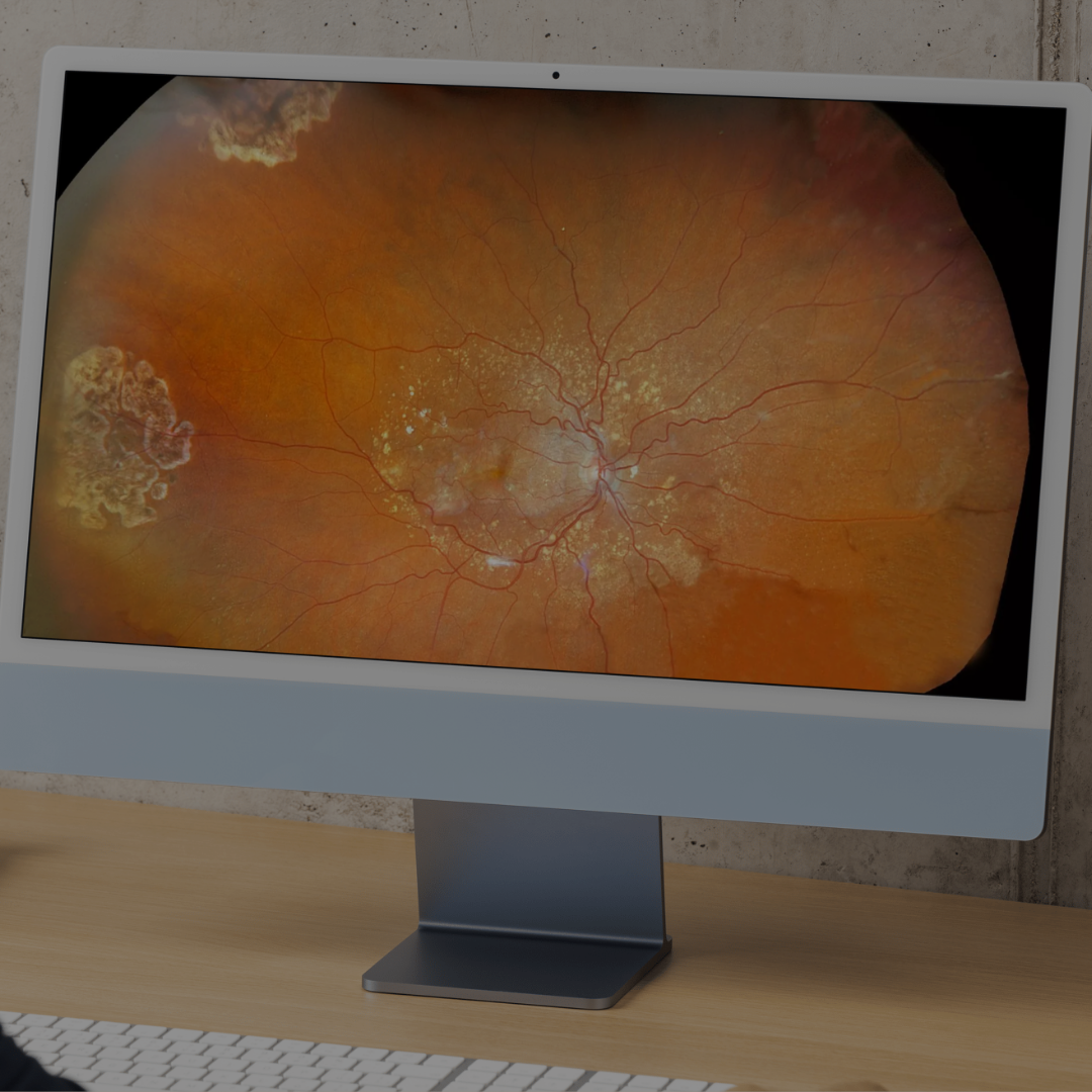 A computer monitor displays a picture of a person 's eye