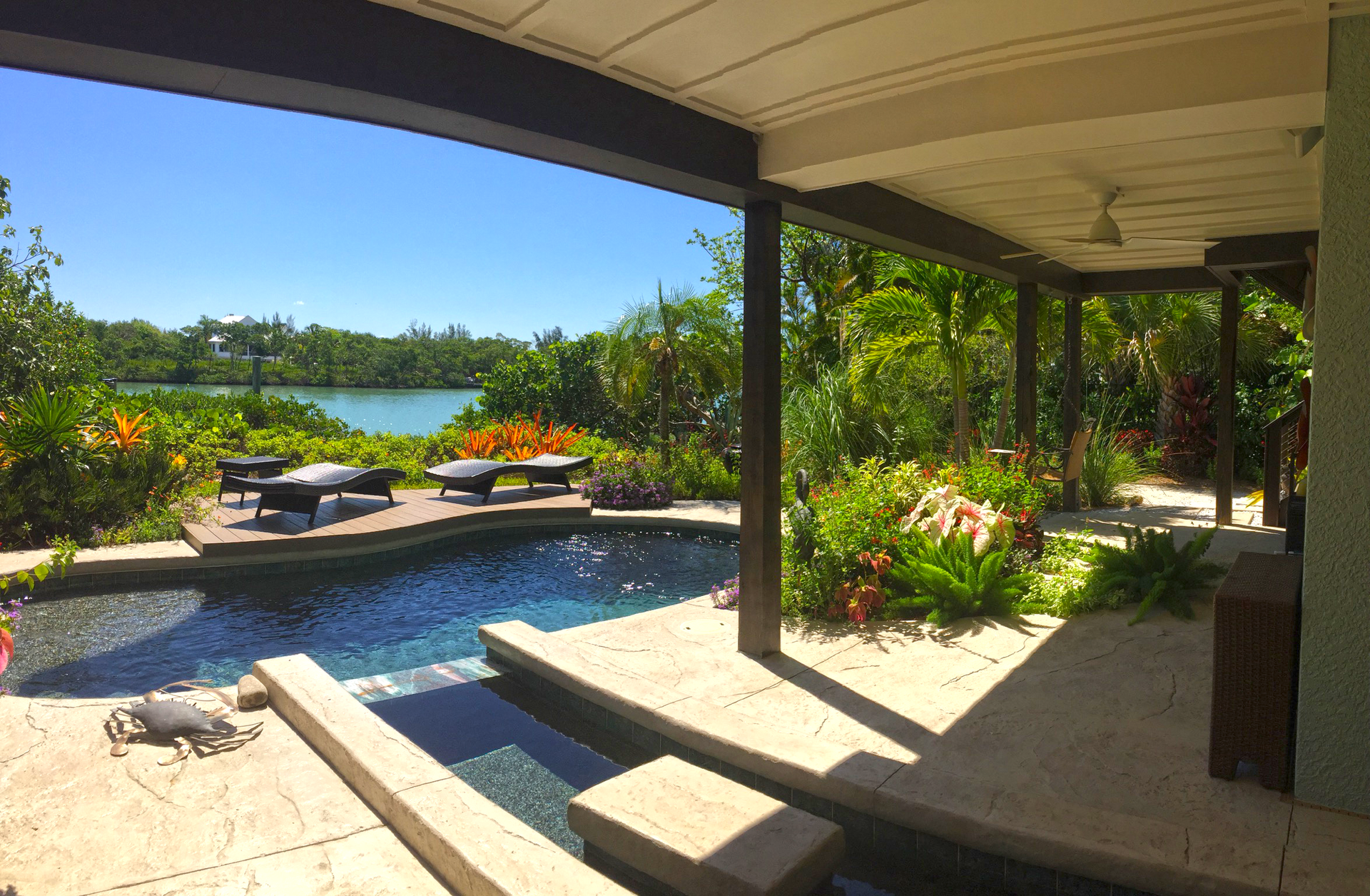 a swimming pool and patio with a variety of surrounding plants with a view of a lake