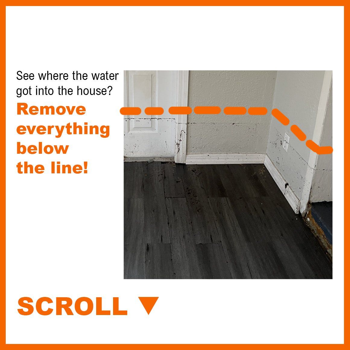 Example of drywall and baseboard that needs to be replaced due to flooding from a hurricane.